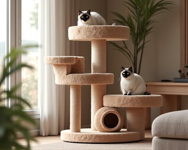 多層キャットツリーでくつろぐシャム猫