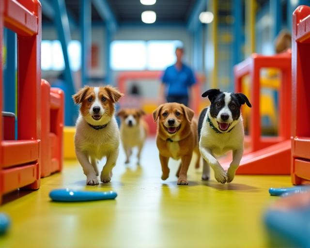 おもちゃで遊ぶ様々な犬種のグループがいる室内プレイエリア