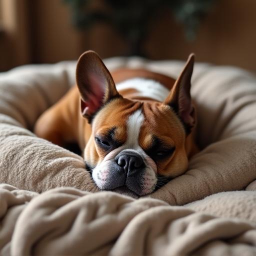 快適なベッドで眠るフレンチブルドッグ