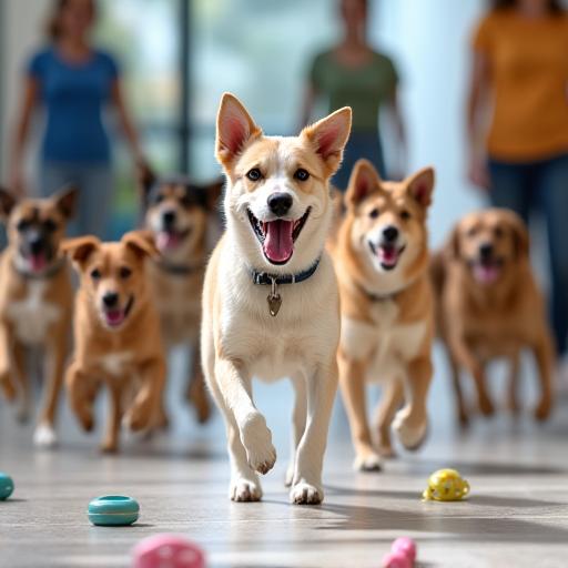 プレイエリアで一緒に遊ぶ幸せそうな犬のグループ